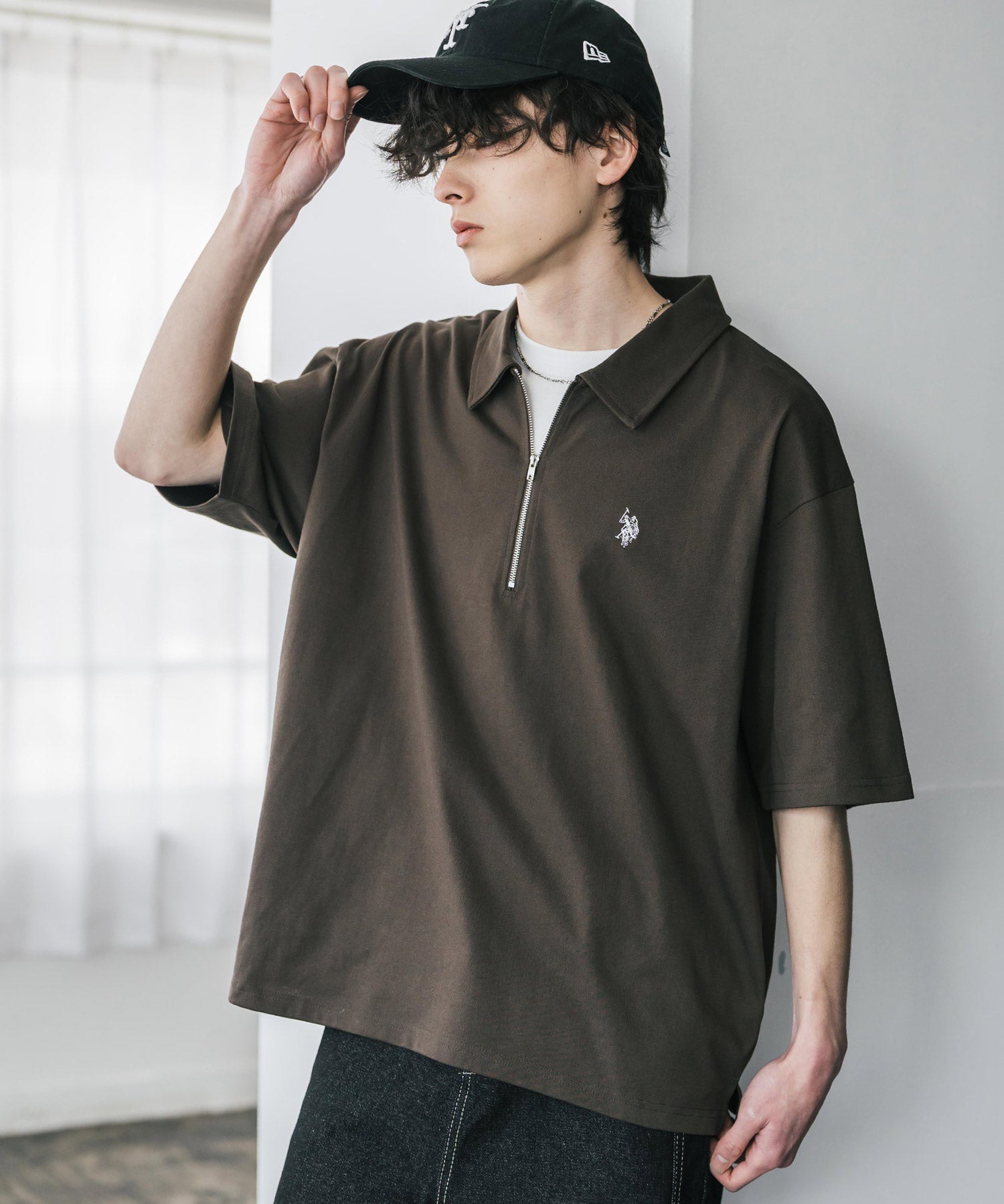 新色追加 U.S. POLO ASSN. 別注コラボオーバーサイズワンポイントロゴ刺繍天竺半袖ハーフジップポロシャツ 無地/クレリック 15426