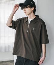 新色追加 U.S. POLO ASSN. 別注コラボオーバーサイズワンポイントロゴ刺繍天竺半袖ハーフジップポロシャツ 無地/クレリック 15426