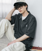 新色追加 U.S. POLO ASSN. 別注コラボオーバーサイズワンポイントロゴ刺繍天竺半袖ハーフジップポロシャツ 無地/クレリック 15426