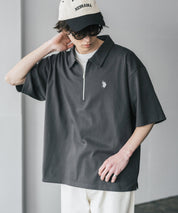 新色追加 U.S. POLO ASSN. 別注コラボオーバーサイズワンポイントロゴ刺繍天竺半袖ハーフジップポロシャツ 無地/クレリック 15426