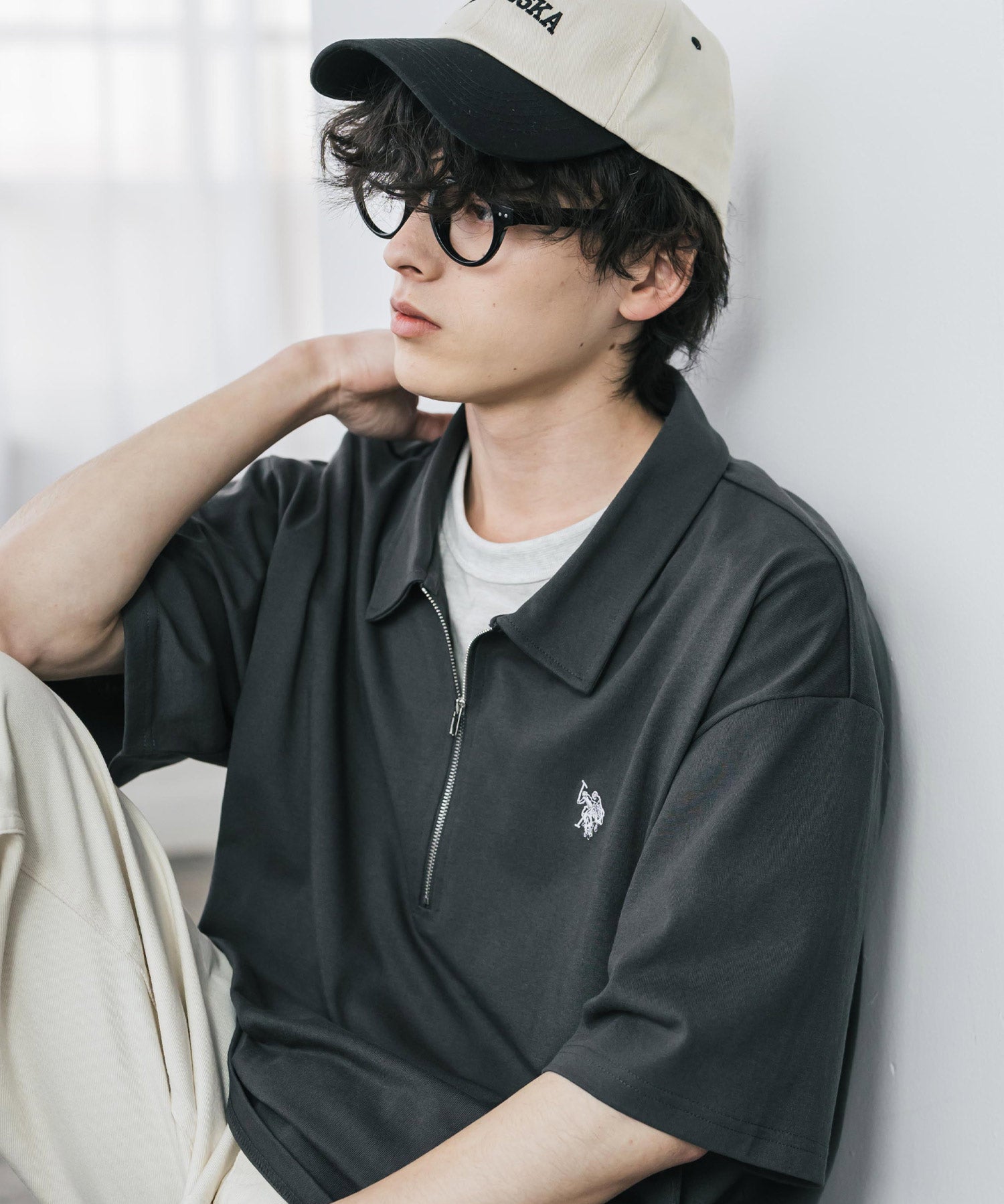 新色追加 U.S. POLO ASSN. 別注コラボオーバーサイズワンポイントロゴ刺繍天竺半袖ハーフジップポロシャツ 無地/クレリック 15426