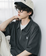 新色追加 U.S. POLO ASSN. 別注コラボオーバーサイズワンポイントロゴ刺繍天竺半袖ハーフジップポロシャツ 無地/クレリック 15426