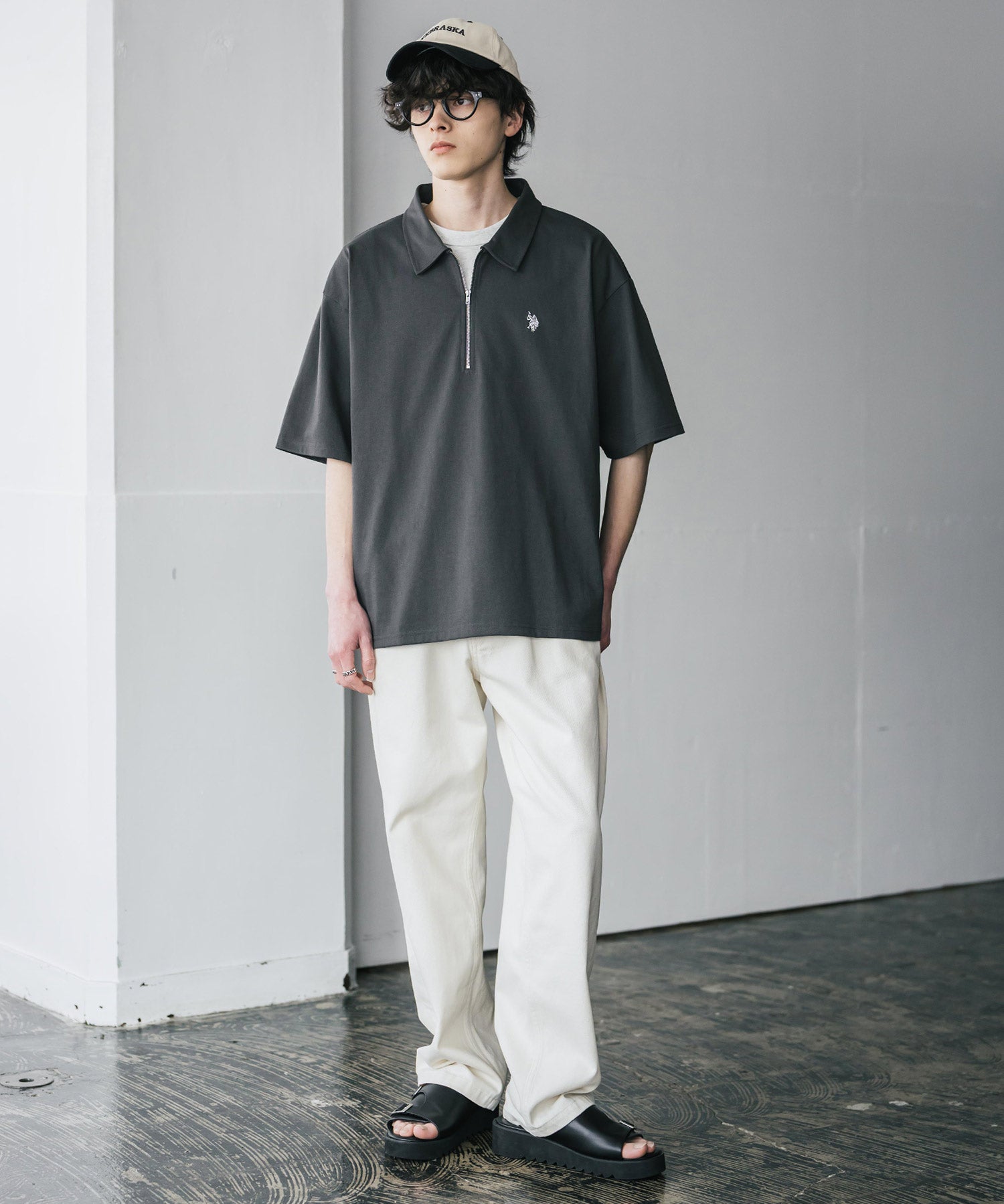 新色追加 U.S. POLO ASSN. 別注コラボオーバーサイズワンポイントロゴ刺繍天竺半袖ハーフジップポロシャツ 無地/クレリック 15426