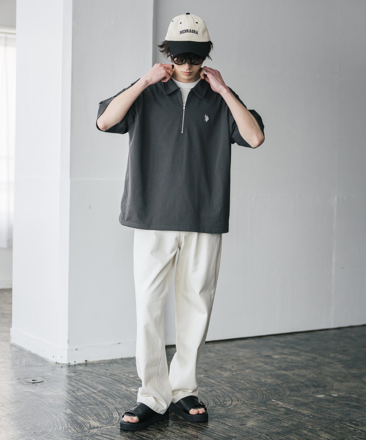 新色追加 U.S. POLO ASSN. 別注コラボオーバーサイズワンポイントロゴ刺繍天竺半袖ハーフジップポロシャツ 無地/クレリック 15426