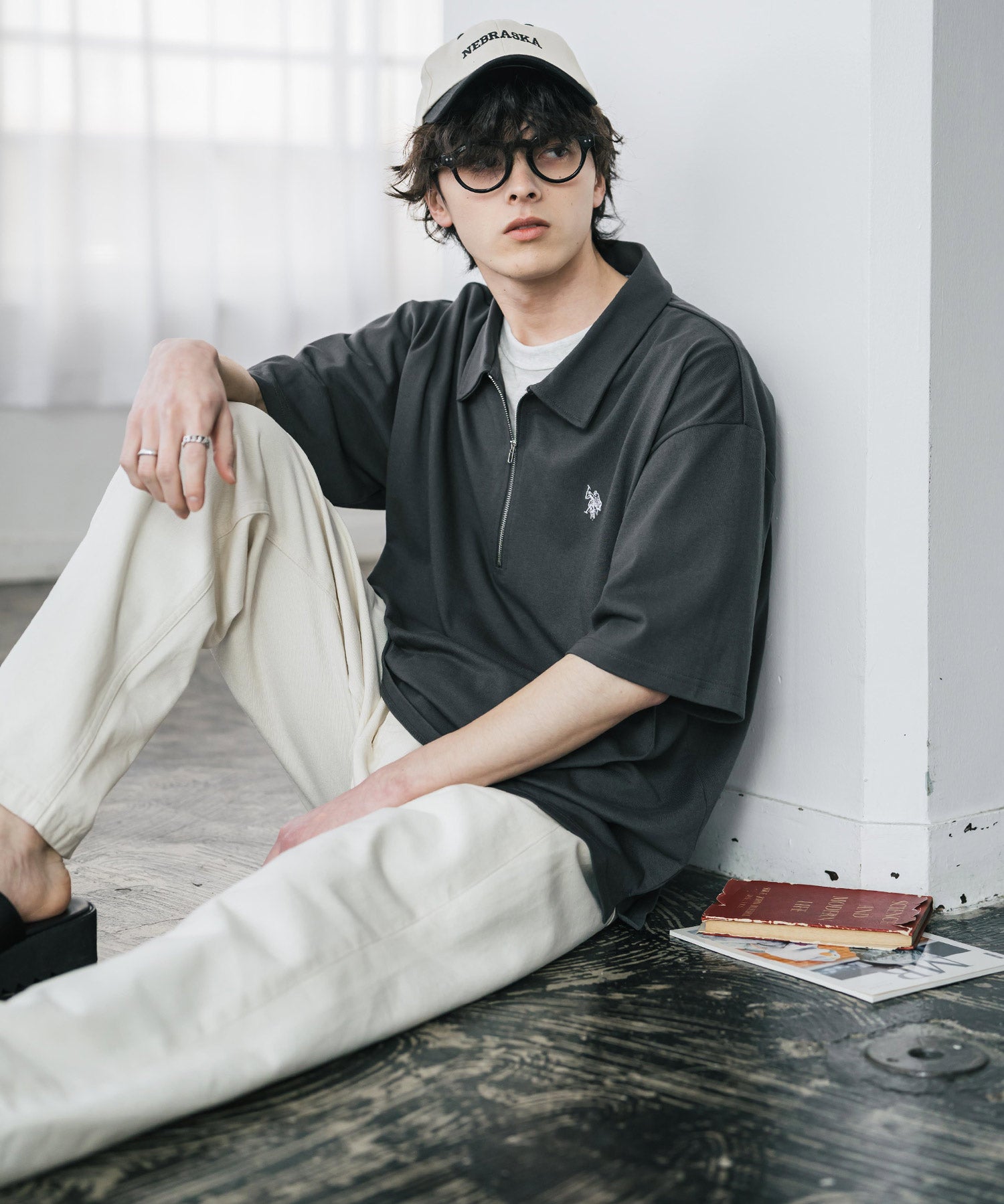 新色追加 U.S. POLO ASSN. 別注コラボオーバーサイズワンポイントロゴ刺繍天竺半袖ハーフジップポロシャツ 無地/クレリック 15426