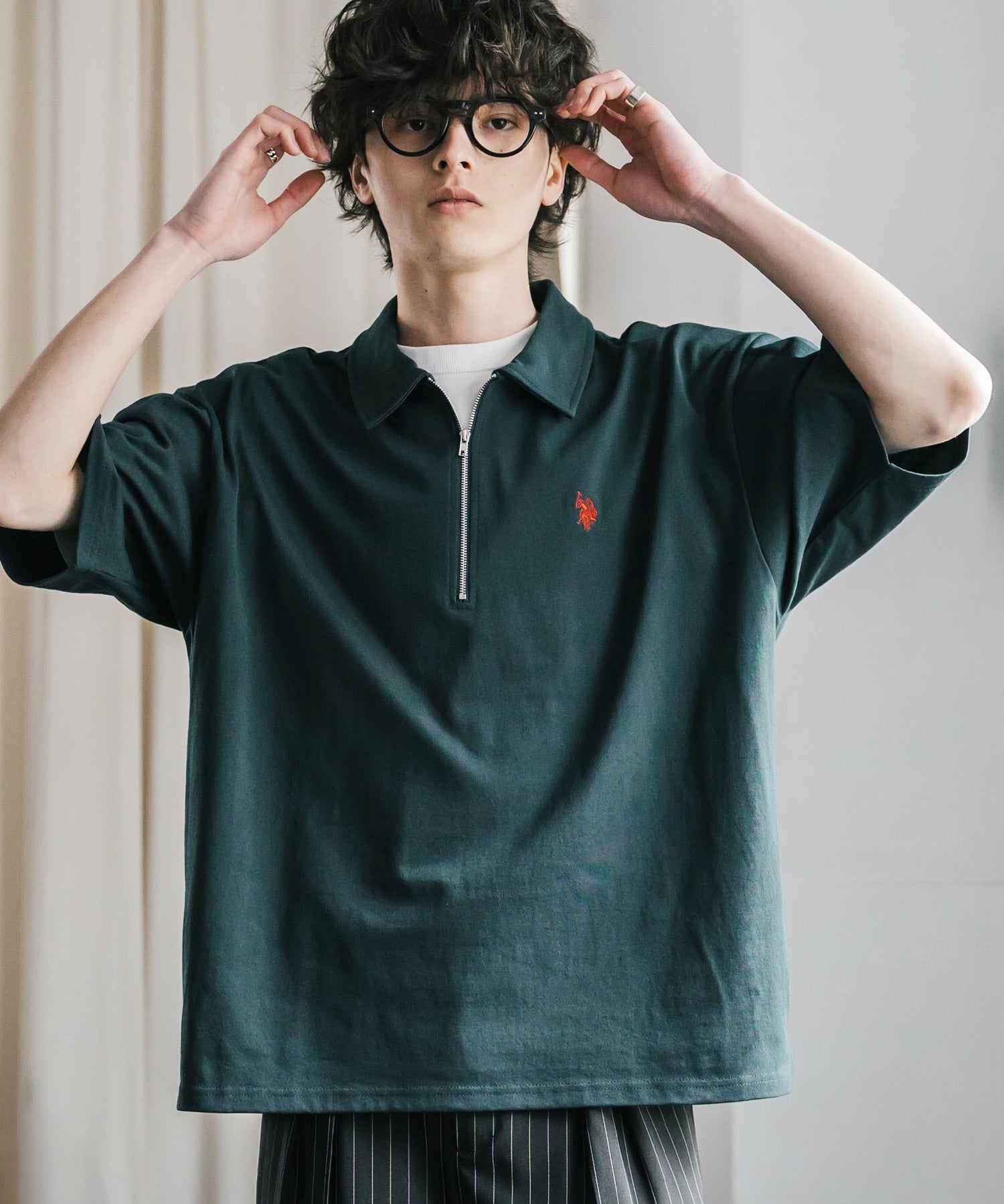 新色追加 U.S. POLO ASSN. 別注コラボオーバーサイズワンポイントロゴ刺繍天竺半袖ハーフジップポロシャツ 無地/クレリック 15426