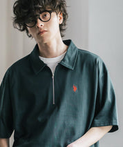 新色追加 U.S. POLO ASSN. 別注コラボオーバーサイズワンポイントロゴ刺繍天竺半袖ハーフジップポロシャツ 無地/クレリック 15426