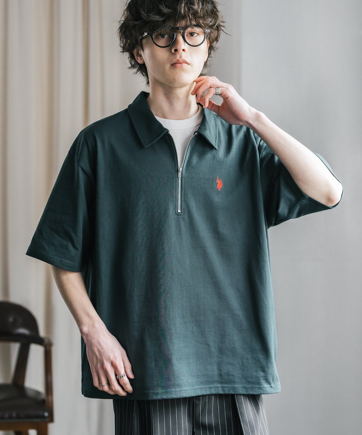 新色追加 U.S. POLO ASSN. 別注コラボオーバーサイズワンポイントロゴ刺繍天竺半袖ハーフジップポロシャツ 無地/クレリック 15426