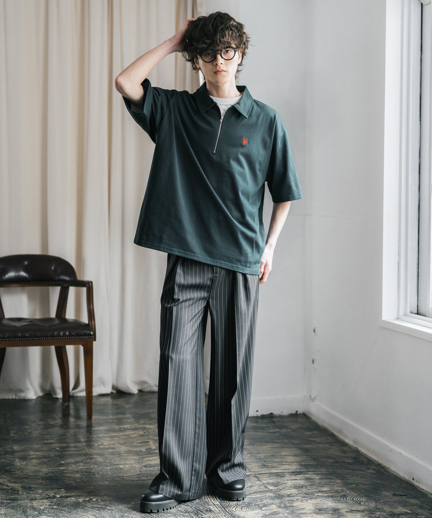 新色追加 U.S. POLO ASSN. 別注コラボオーバーサイズワンポイントロゴ刺繍天竺半袖ハーフジップポロシャツ 無地/クレリック 15426