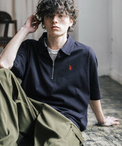 新色追加 U.S. POLO ASSN. 別注コラボオーバーサイズワンポイントロゴ刺繍天竺半袖ハーフジップポロシャツ 無地/クレリック 15426