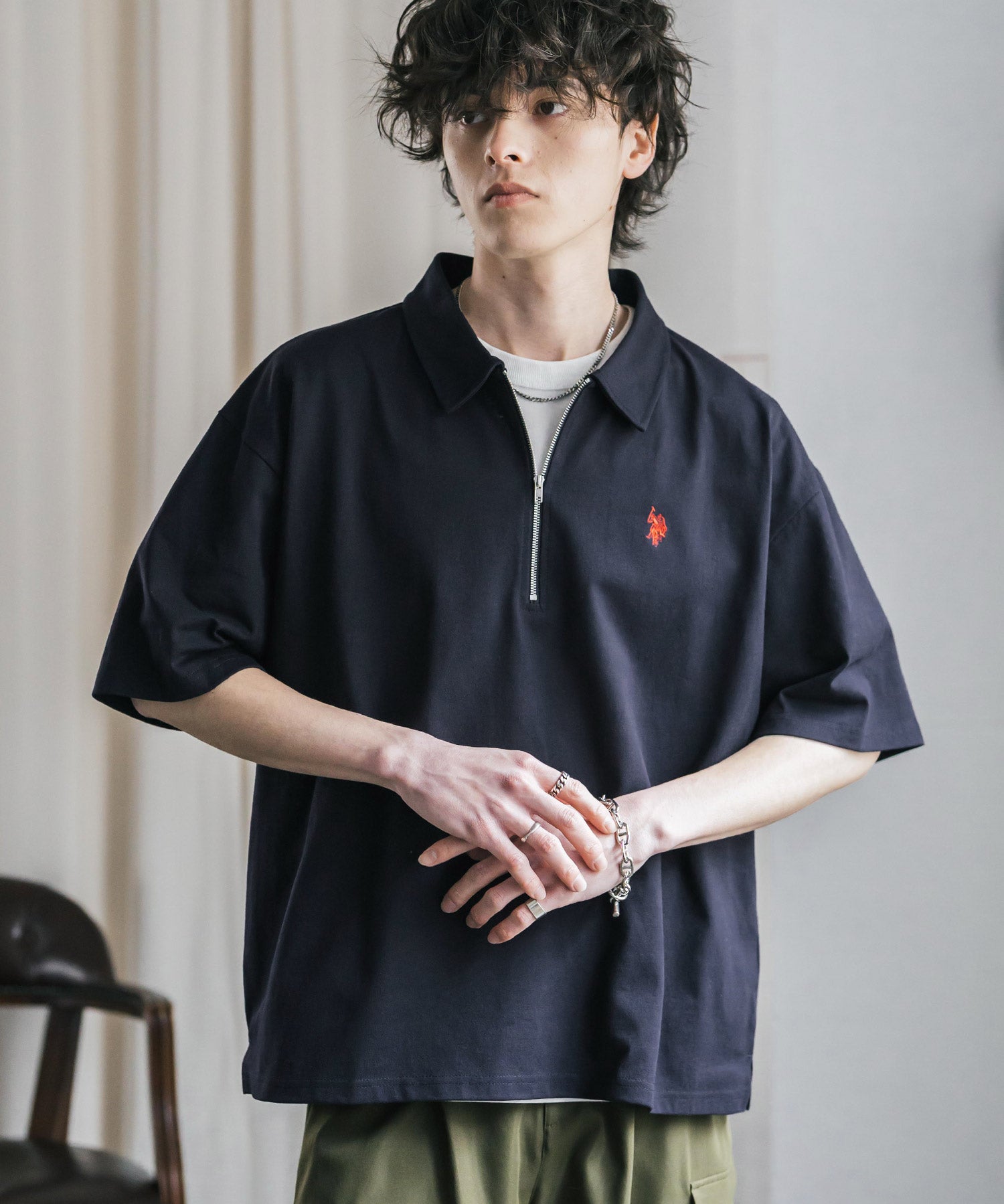 新色追加 U.S. POLO ASSN. 別注コラボオーバーサイズワンポイントロゴ刺繍天竺半袖ハーフジップポロシャツ 無地/クレリック 15426