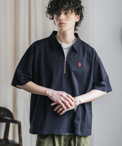 新色追加 U.S. POLO ASSN. 別注コラボオーバーサイズワンポイントロゴ刺繍天竺半袖ハーフジップポロシャツ 無地/クレリック 15426
