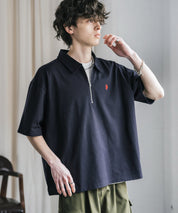 新色追加 U.S. POLO ASSN. 別注コラボオーバーサイズワンポイントロゴ刺繍天竺半袖ハーフジップポロシャツ 無地/クレリック 15426