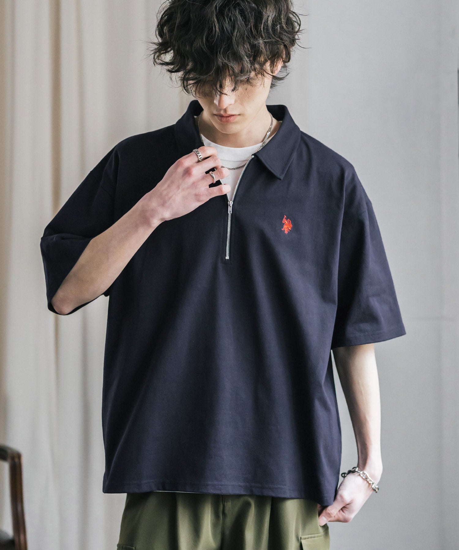 新色追加 U.S. POLO ASSN. 別注コラボオーバーサイズワンポイントロゴ刺繍天竺半袖ハーフジップポロシャツ 無地/クレリック 15426