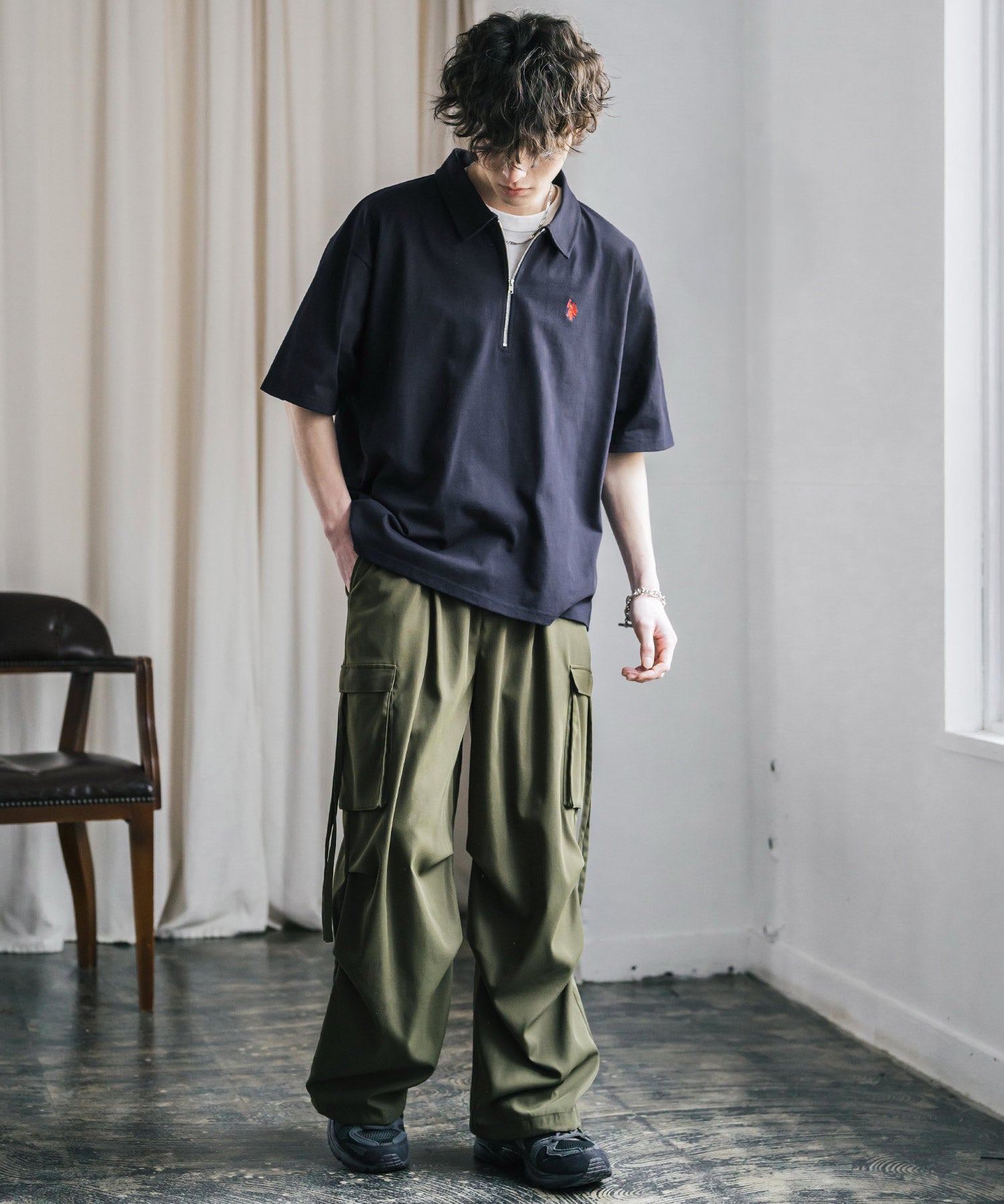 新色追加 U.S. POLO ASSN. 別注コラボオーバーサイズワンポイントロゴ刺繍天竺半袖ハーフジップポロシャツ 無地/クレリック 15426