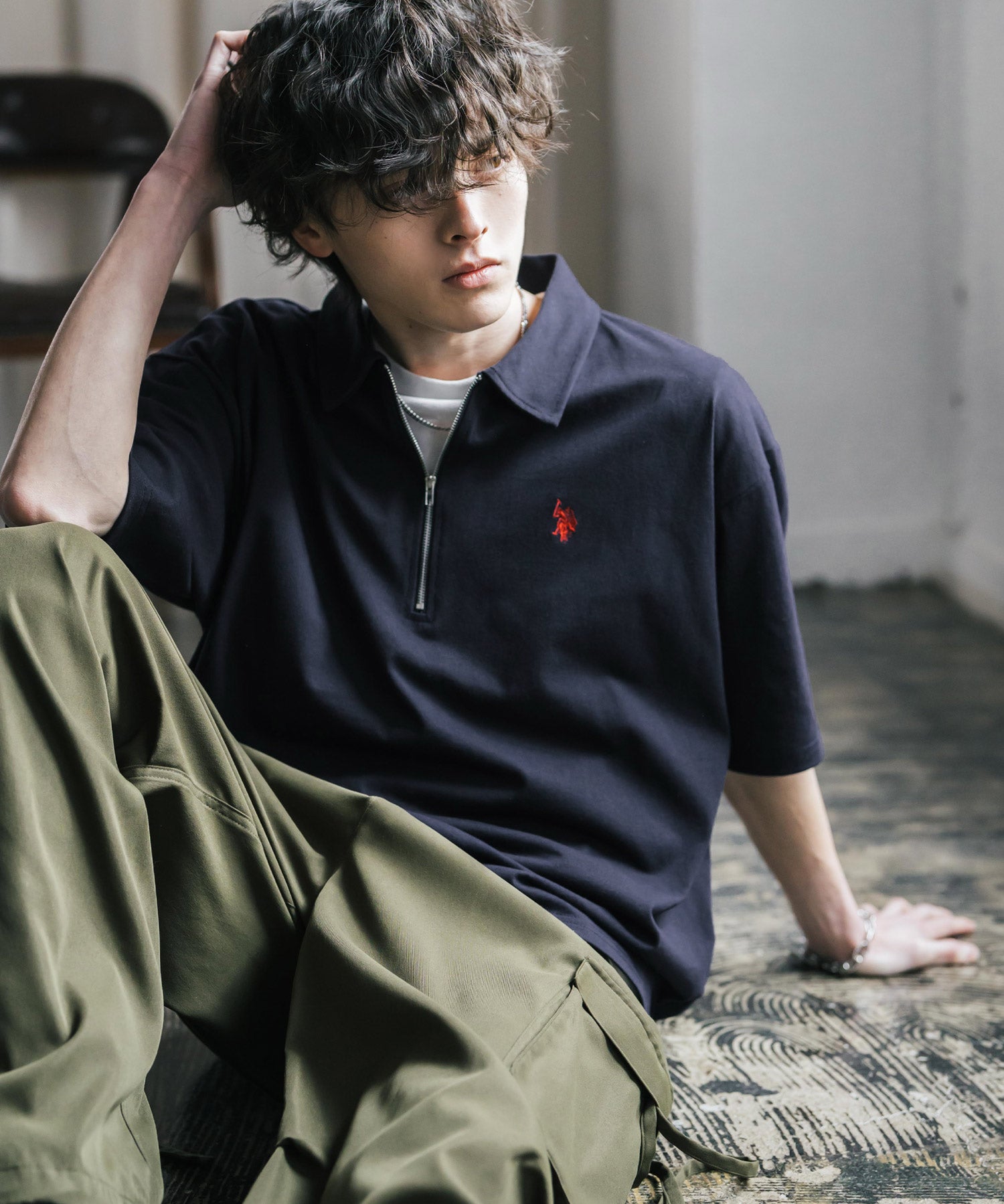 新色追加 U.S. POLO ASSN. 別注コラボオーバーサイズワンポイントロゴ刺繍天竺半袖ハーフジップポロシャツ 無地/クレリック 15426