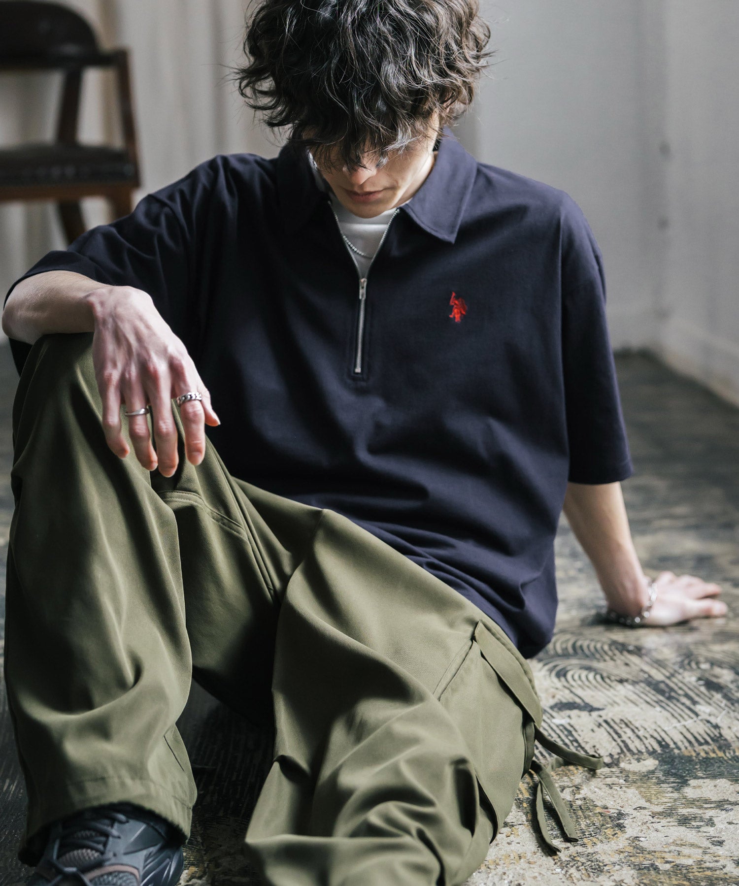 新色追加 U.S. POLO ASSN. 別注コラボオーバーサイズワンポイントロゴ刺繍天竺半袖ハーフジップポロシャツ 無地/クレリック 15426