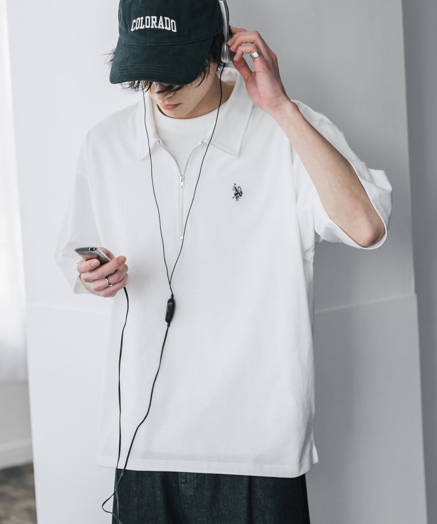 新色追加 U.S. POLO ASSN. 別注コラボオーバーサイズワンポイントロゴ刺繍天竺半袖ハーフジップポロシャツ 無地/クレリック 15426