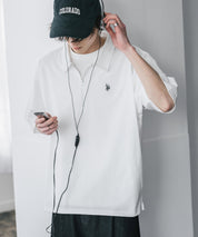 新色追加 U.S. POLO ASSN. 別注コラボオーバーサイズワンポイントロゴ刺繍天竺半袖ハーフジップポロシャツ 無地/クレリック 15426