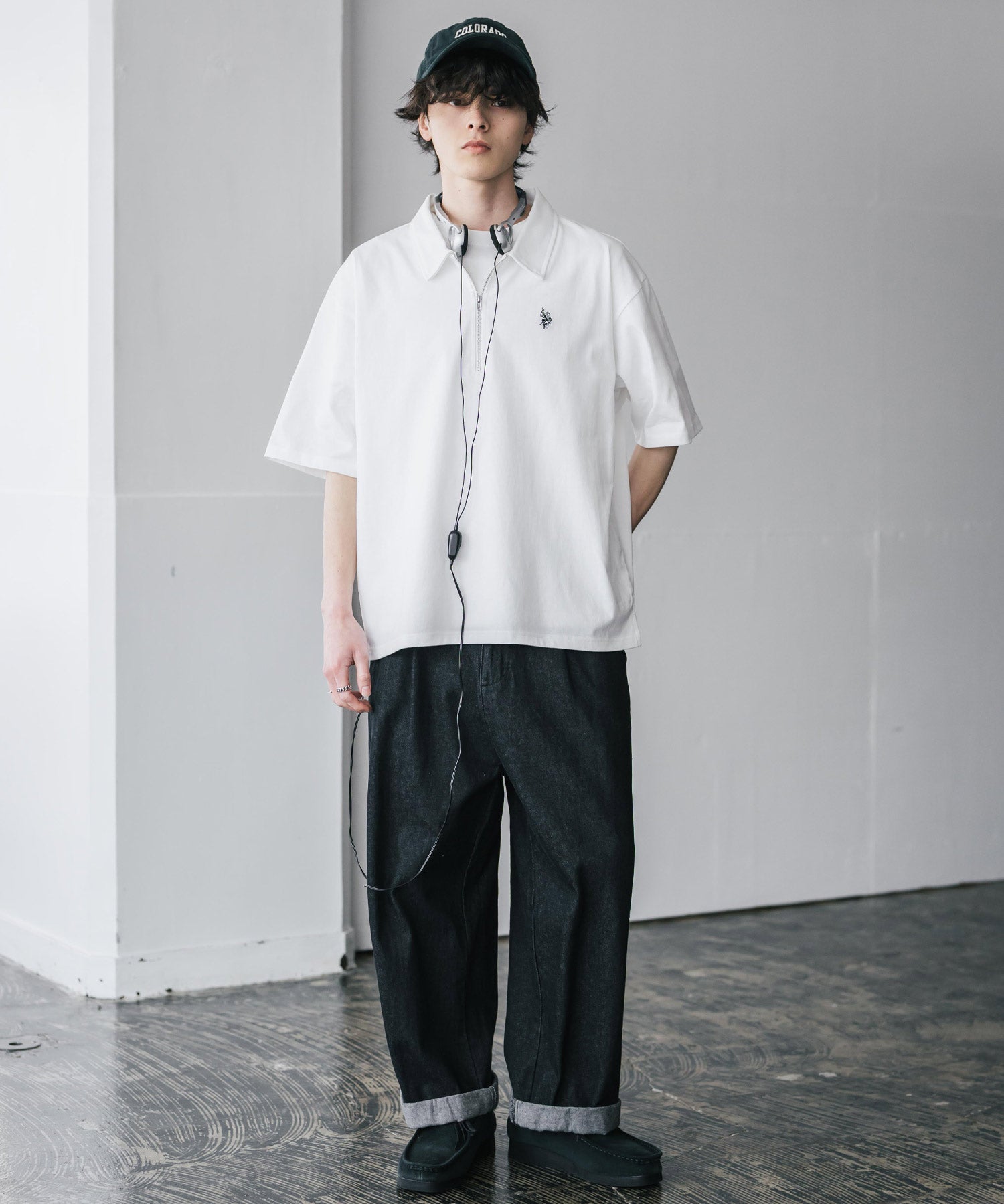 新色追加 U.S. POLO ASSN. 別注コラボオーバーサイズワンポイントロゴ刺繍天竺半袖ハーフジップポロシャツ 無地/クレリック 15426