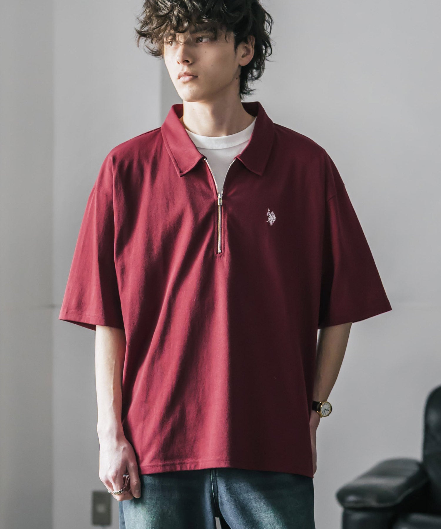 新色追加 U.S. POLO ASSN. 別注コラボオーバーサイズワンポイントロゴ刺繍天竺半袖ハーフジップポロシャツ 無地/クレリック 15426