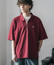 新色追加 U.S. POLO ASSN. 別注コラボオーバーサイズワンポイントロゴ刺繍天竺半袖ハーフジップポロシャツ 無地/クレリック 15426
