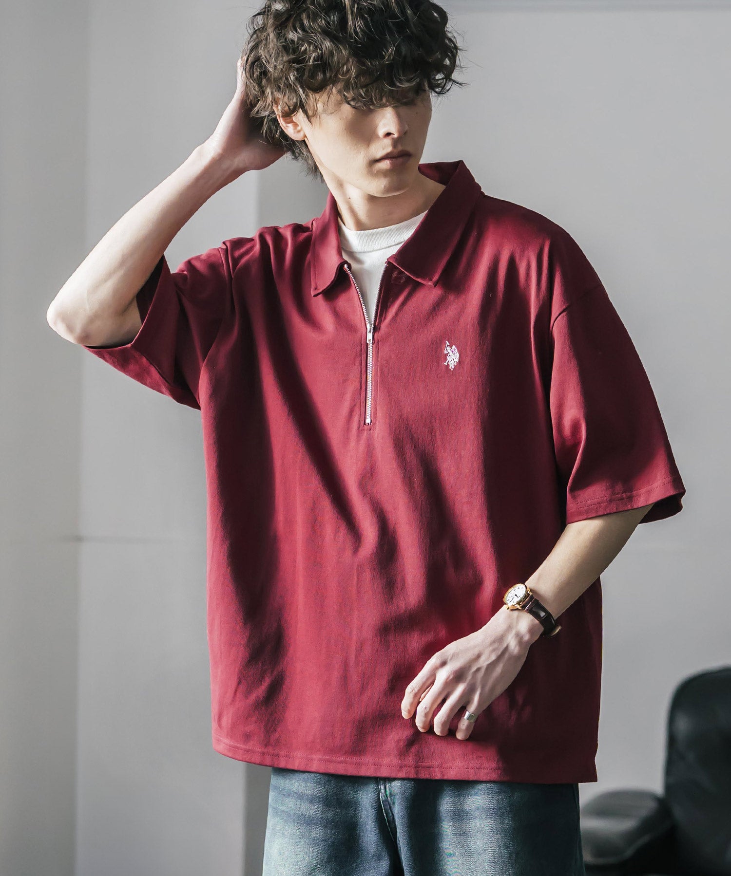 新色追加 U.S. POLO ASSN. 別注コラボオーバーサイズワンポイントロゴ刺繍天竺半袖ハーフジップポロシャツ 無地/クレリック 15426