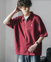 新色追加 U.S. POLO ASSN. 別注コラボオーバーサイズワンポイントロゴ刺繍天竺半袖ハーフジップポロシャツ 無地/クレリック 15426