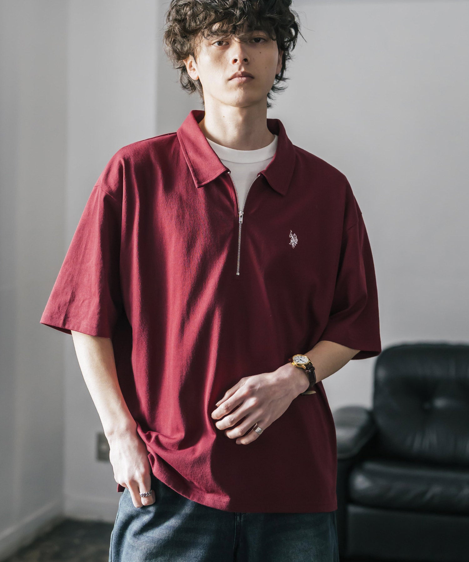 新色追加 U.S. POLO ASSN. 別注コラボオーバーサイズワンポイントロゴ刺繍天竺半袖ハーフジップポロシャツ 無地/クレリック 15426