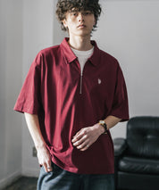 新色追加 U.S. POLO ASSN. 別注コラボオーバーサイズワンポイントロゴ刺繍天竺半袖ハーフジップポロシャツ 無地/クレリック 15426