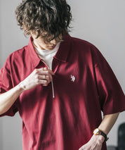 新色追加 U.S. POLO ASSN. 別注コラボオーバーサイズワンポイントロゴ刺繍天竺半袖ハーフジップポロシャツ 無地/クレリック 15426