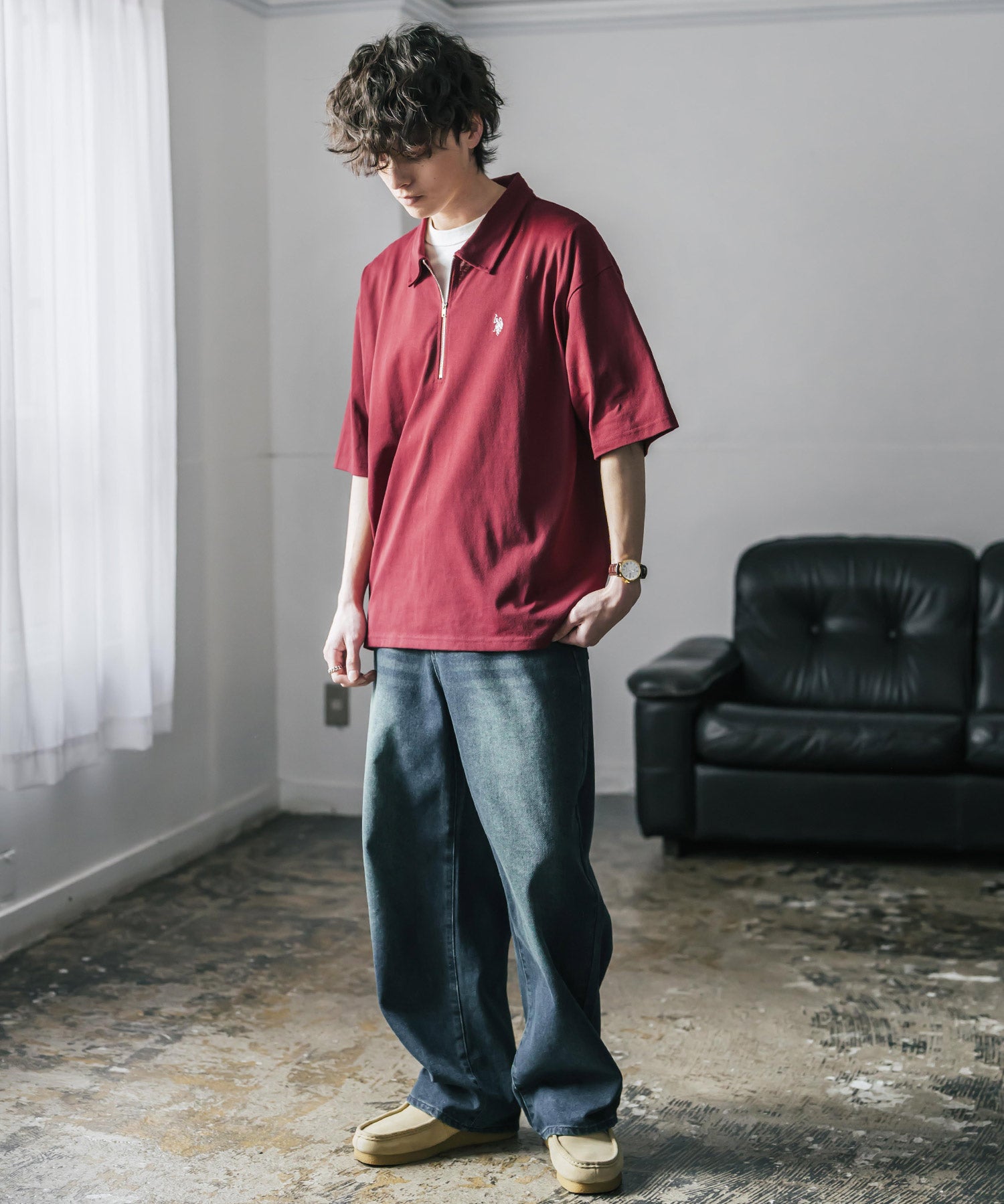 新色追加 U.S. POLO ASSN. 別注コラボオーバーサイズワンポイントロゴ刺繍天竺半袖ハーフジップポロシャツ 無地/クレリック 15426