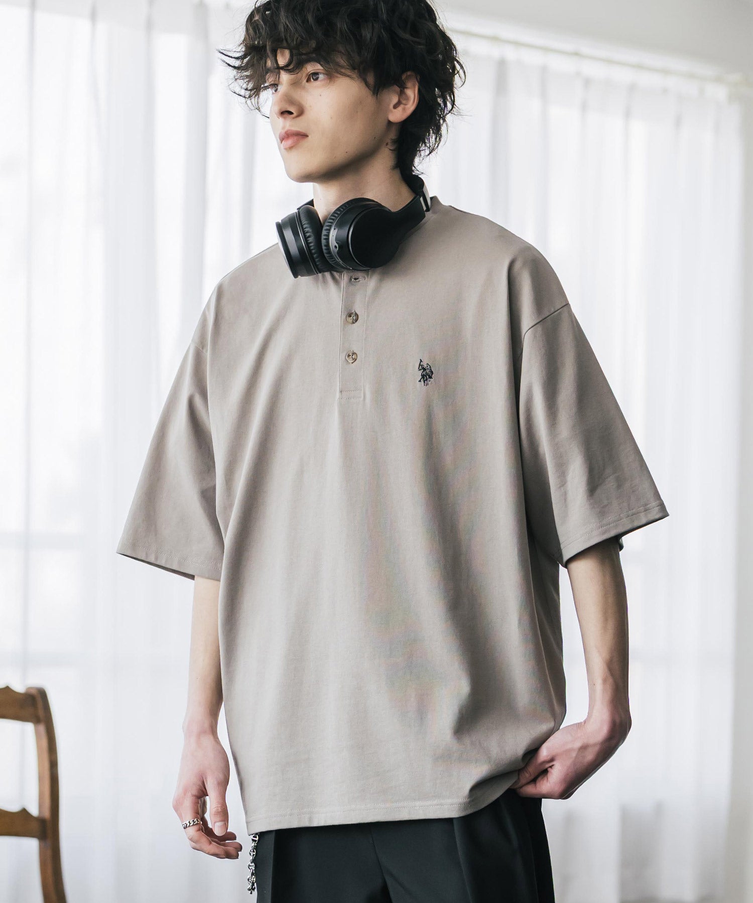 U.S. POLO ASSN. ユーエスポロアッスン 別注コラボワンポイントロゴ刺繍天竺ヘンリーネック半袖Tシャツ 15427