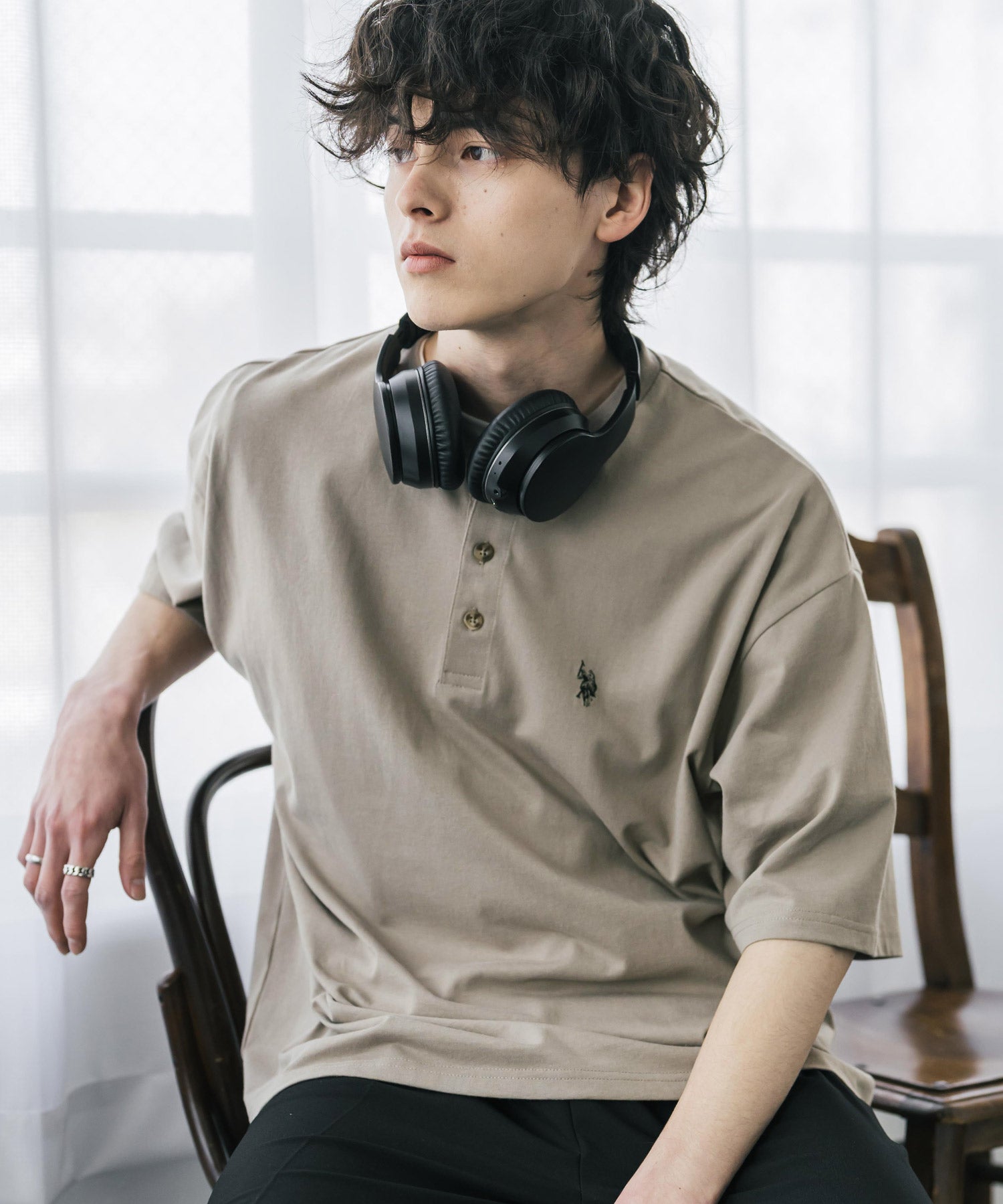 U.S. POLO ASSN. ユーエスポロアッスン 別注コラボワンポイントロゴ刺繍天竺ヘンリーネック半袖Tシャツ 15427