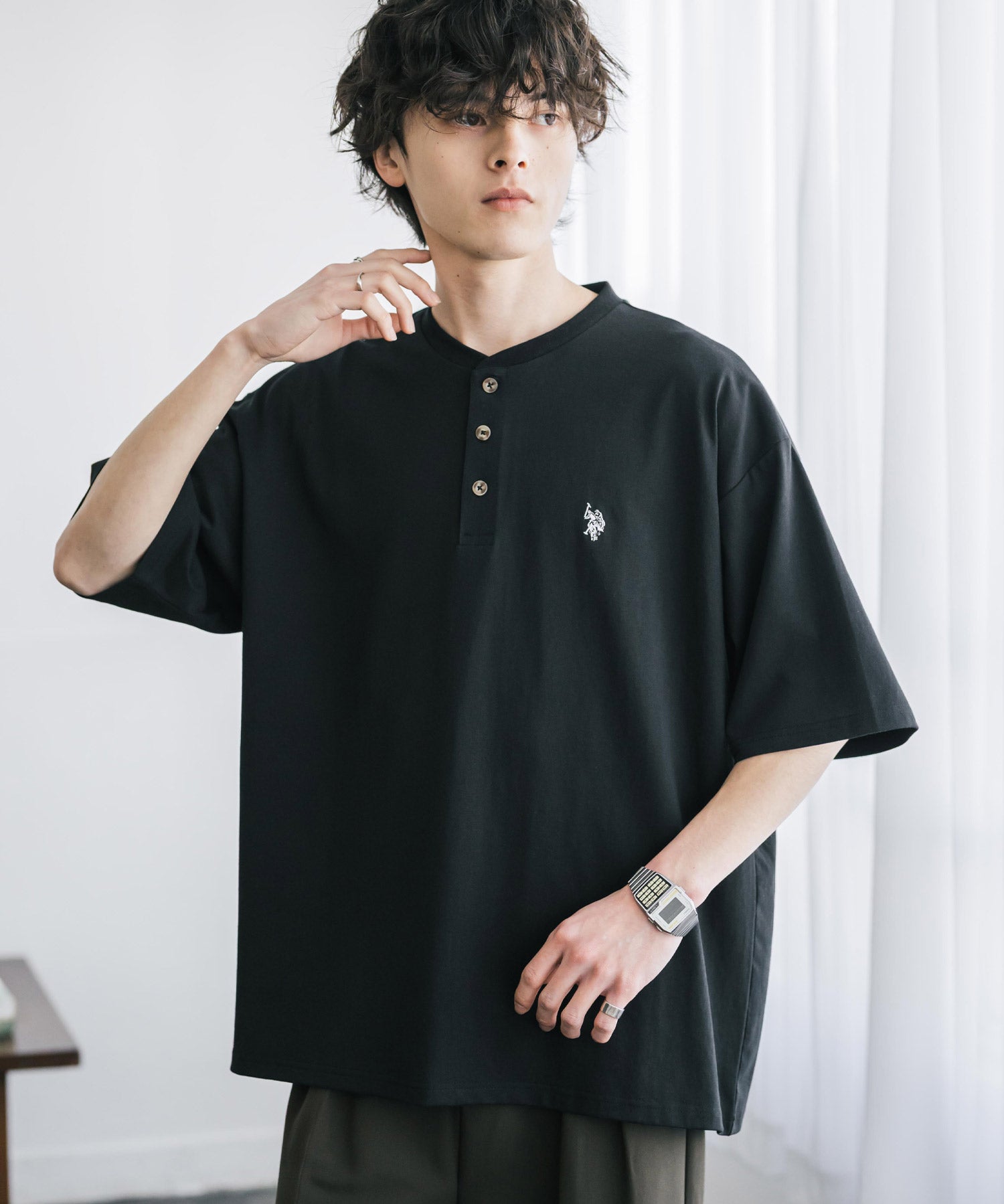 U.S. POLO ASSN. ユーエスポロアッスン 別注コラボワンポイントロゴ刺繍天竺ヘンリーネック半袖Tシャツ 15427