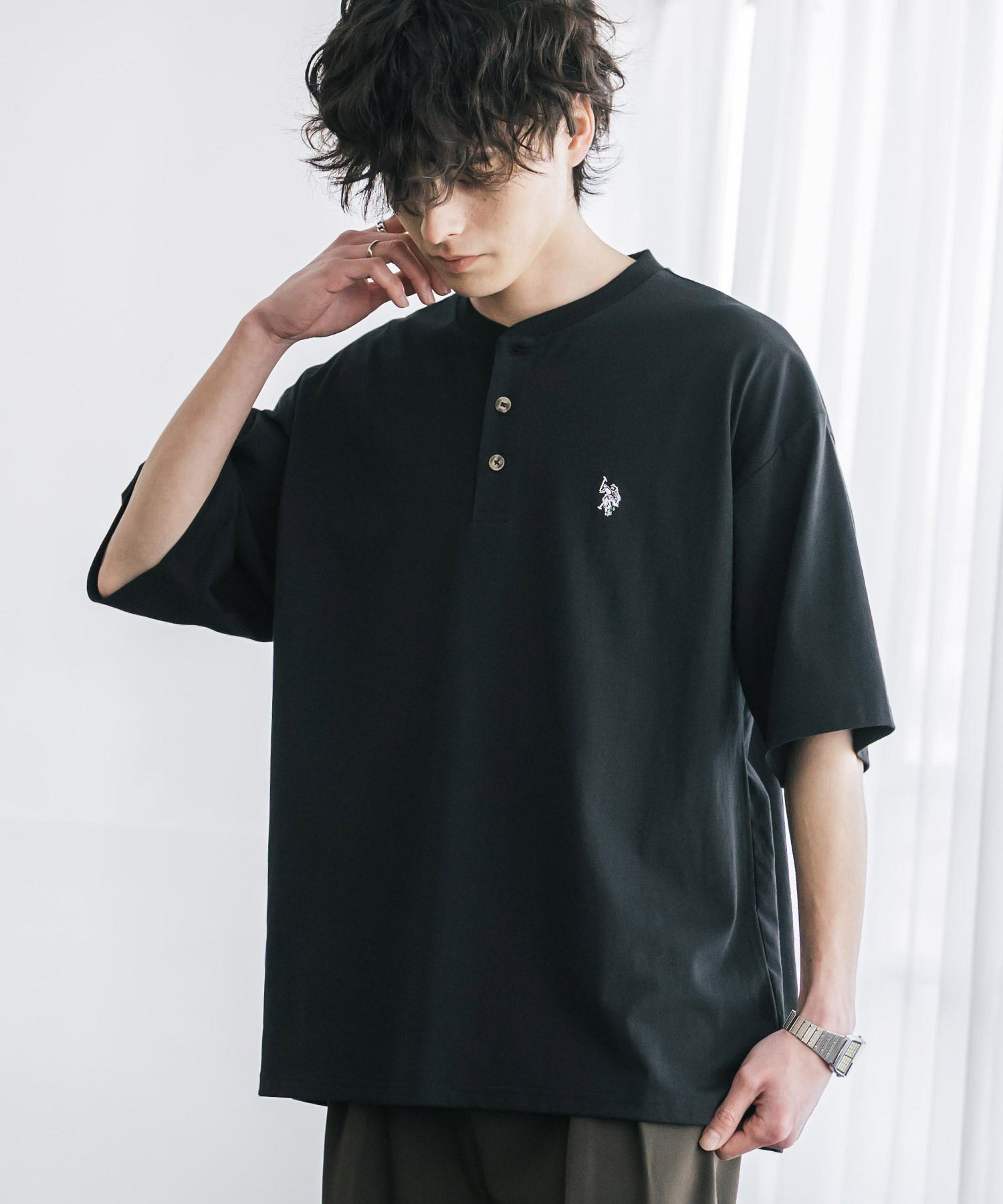U.S. POLO ASSN. ユーエスポロアッスン 別注コラボワンポイントロゴ刺繍天竺ヘンリーネック半袖Tシャツ 15427