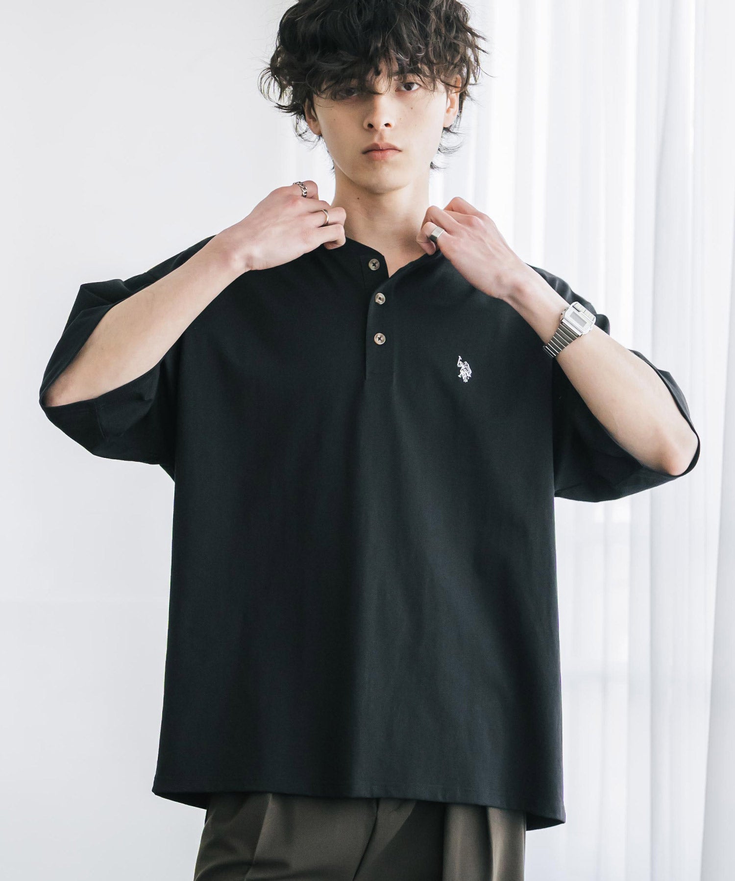 U.S. POLO ASSN. ユーエスポロアッスン 別注コラボワンポイントロゴ刺繍天竺ヘンリーネック半袖Tシャツ 15427