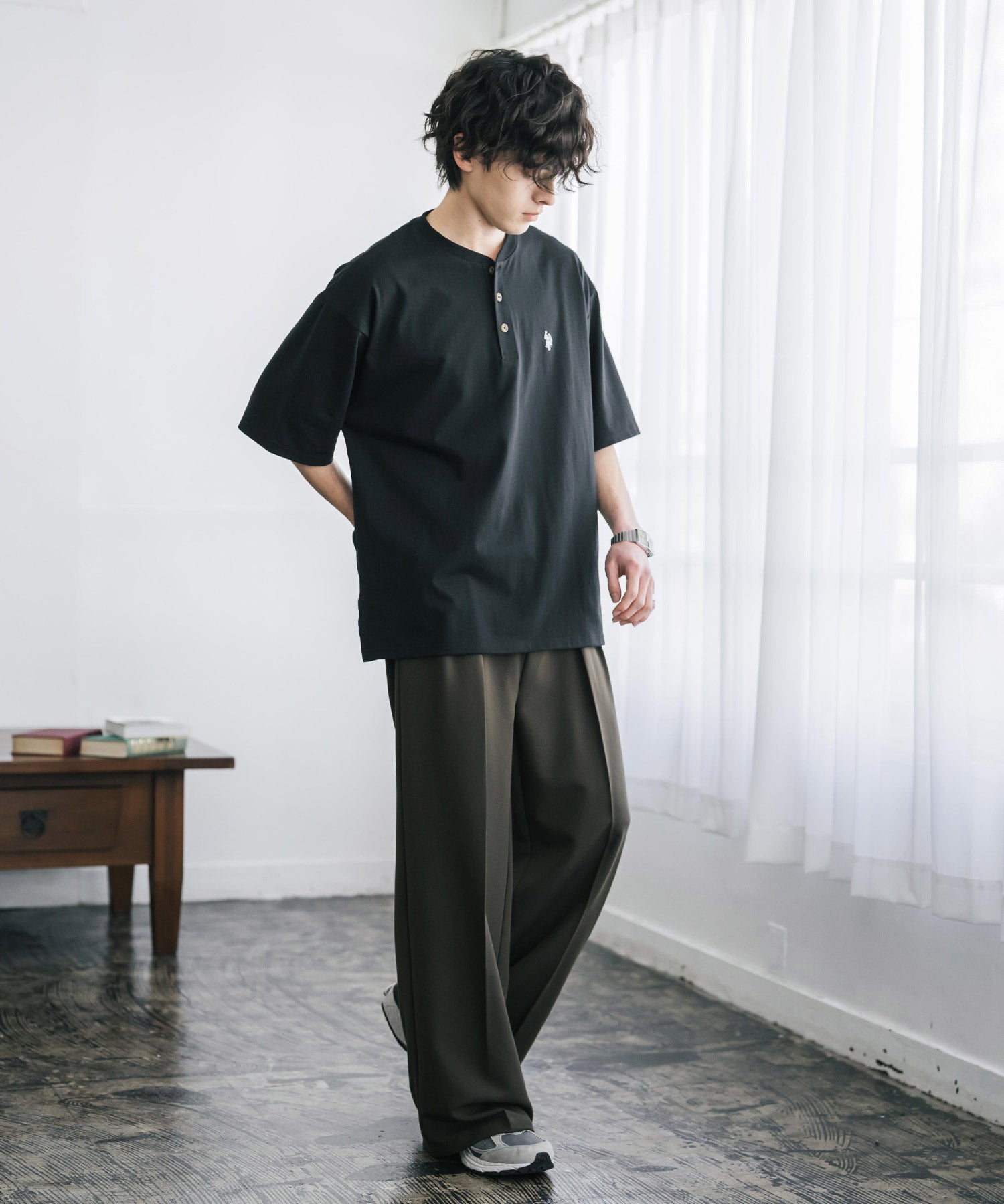 U.S. POLO ASSN. ユーエスポロアッスン 別注コラボワンポイントロゴ刺繍天竺ヘンリーネック半袖Tシャツ 15427