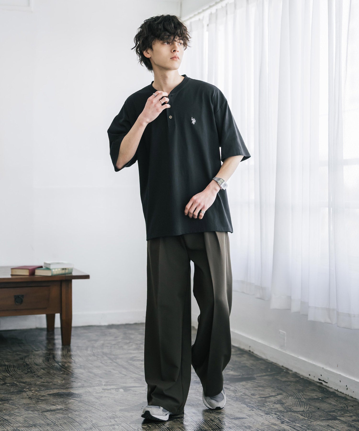 U.S. POLO ASSN. ユーエスポロアッスン 別注コラボワンポイントロゴ刺繍天竺ヘンリーネック半袖Tシャツ 15427