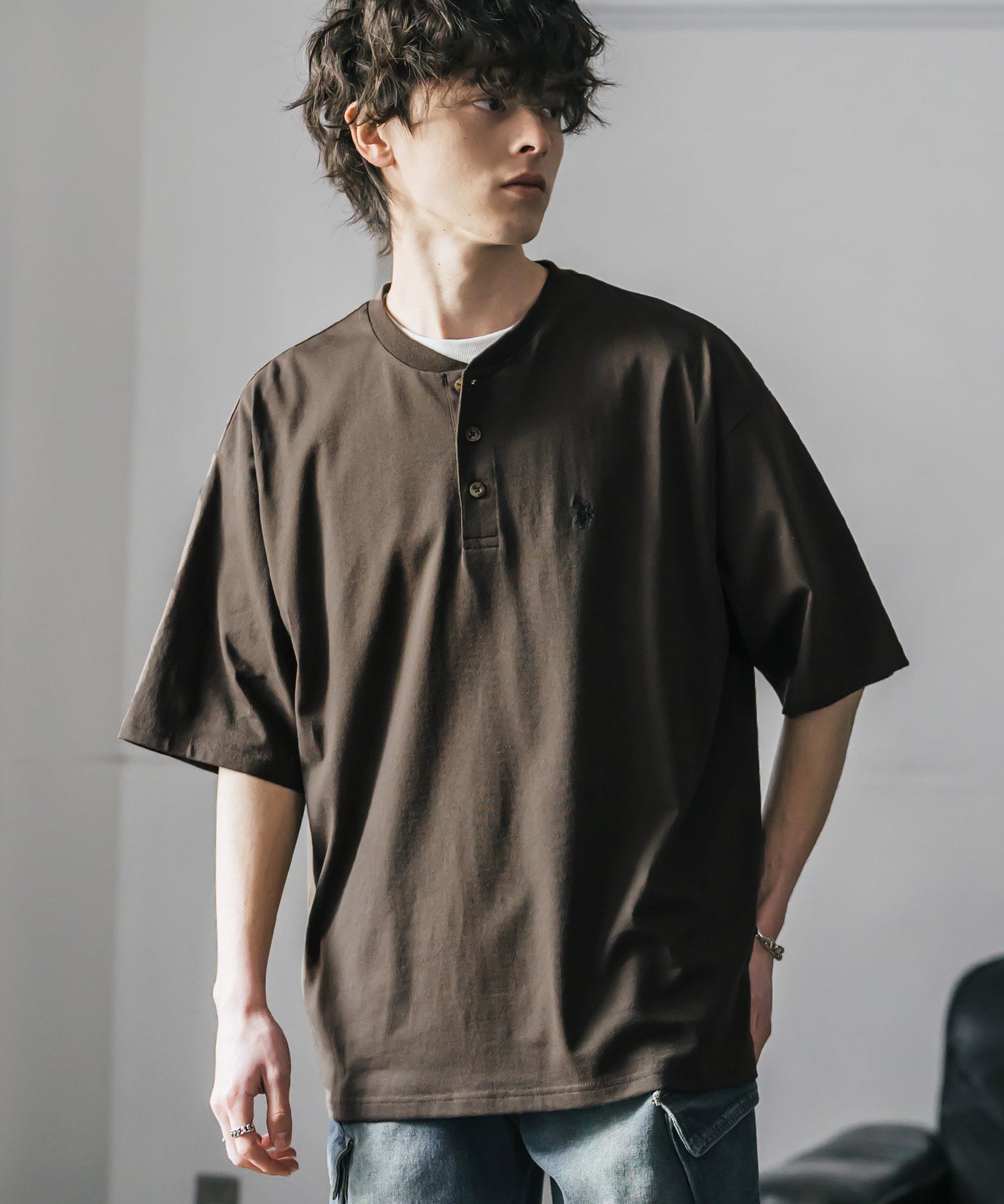 U.S. POLO ASSN. ユーエスポロアッスン 別注コラボワンポイントロゴ刺繍天竺ヘンリーネック半袖Tシャツ 15427