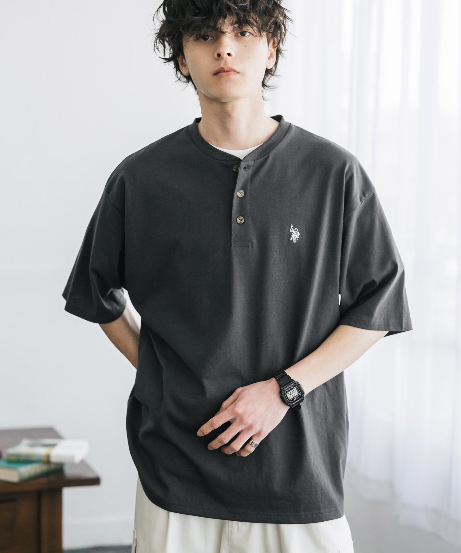 U.S. POLO ASSN. ユーエスポロアッスン 別注コラボワンポイントロゴ刺繍天竺ヘンリーネック半袖Tシャツ 15427