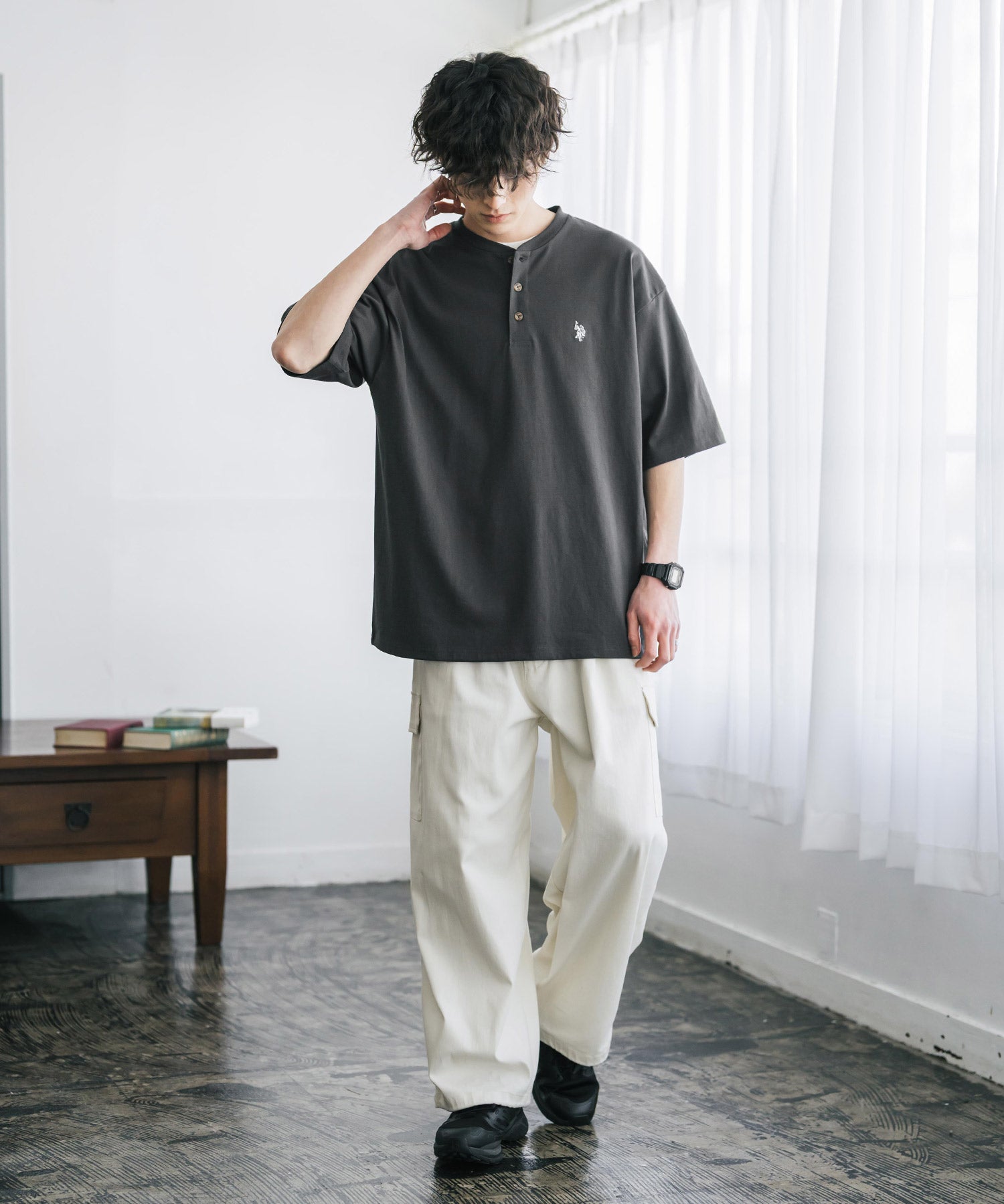 U.S. POLO ASSN. ユーエスポロアッスン 別注コラボワンポイントロゴ刺繍天竺ヘンリーネック半袖Tシャツ 15427