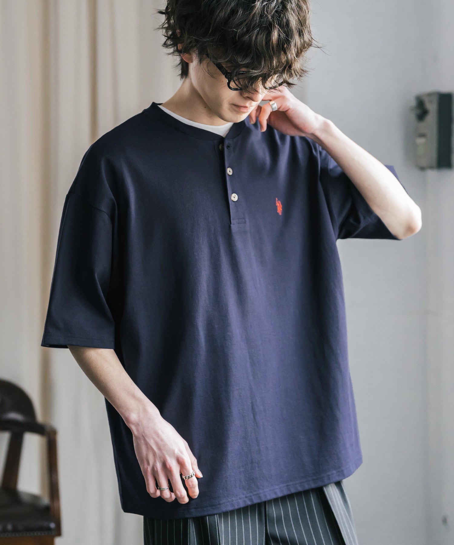 U.S. POLO ASSN. ユーエスポロアッスン 別注コラボワンポイントロゴ刺繍天竺ヘンリーネック半袖Tシャツ 15427