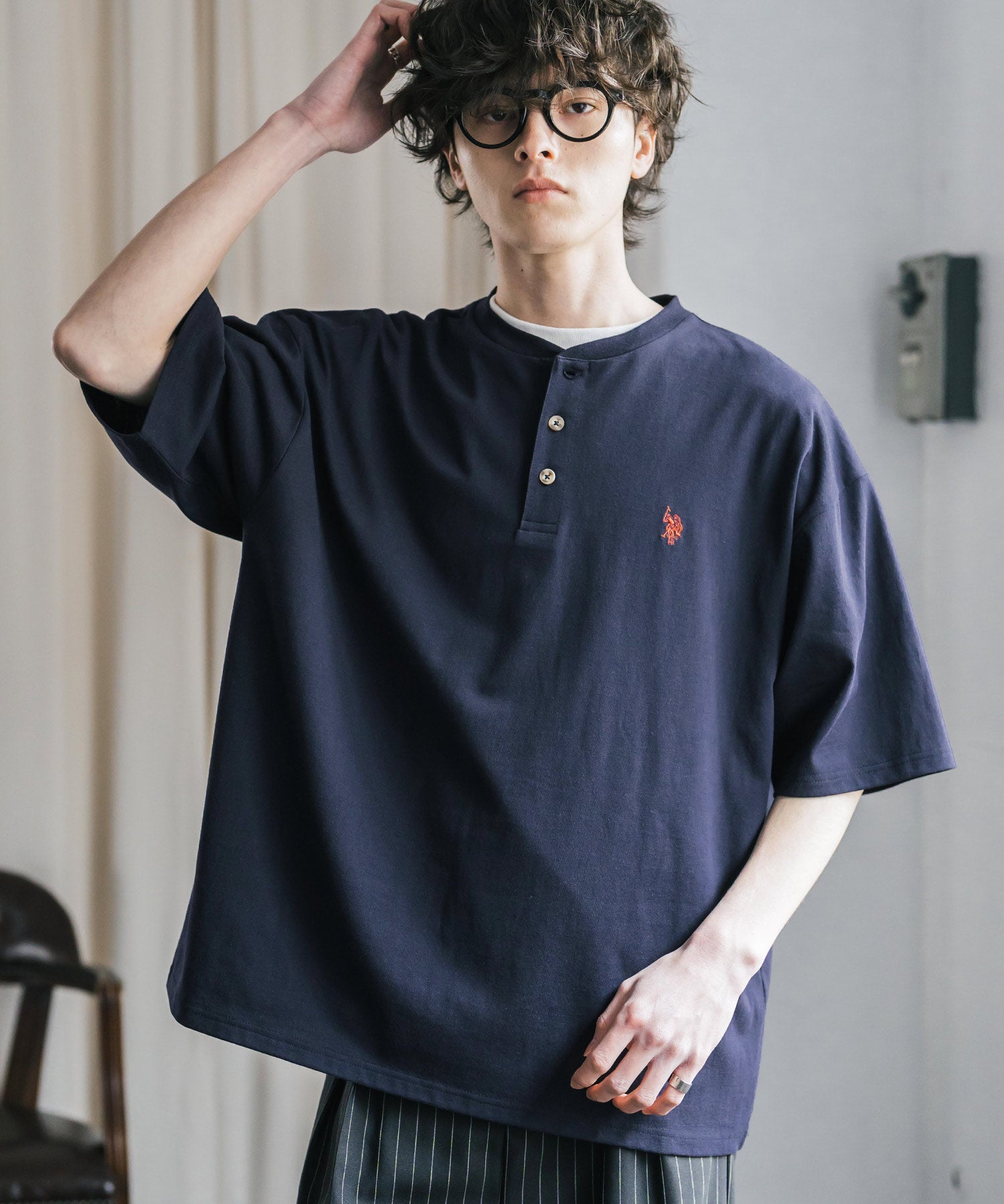 U.S. POLO ASSN. ユーエスポロアッスン 別注コラボワンポイントロゴ刺繍天竺ヘンリーネック半袖Tシャツ 15427