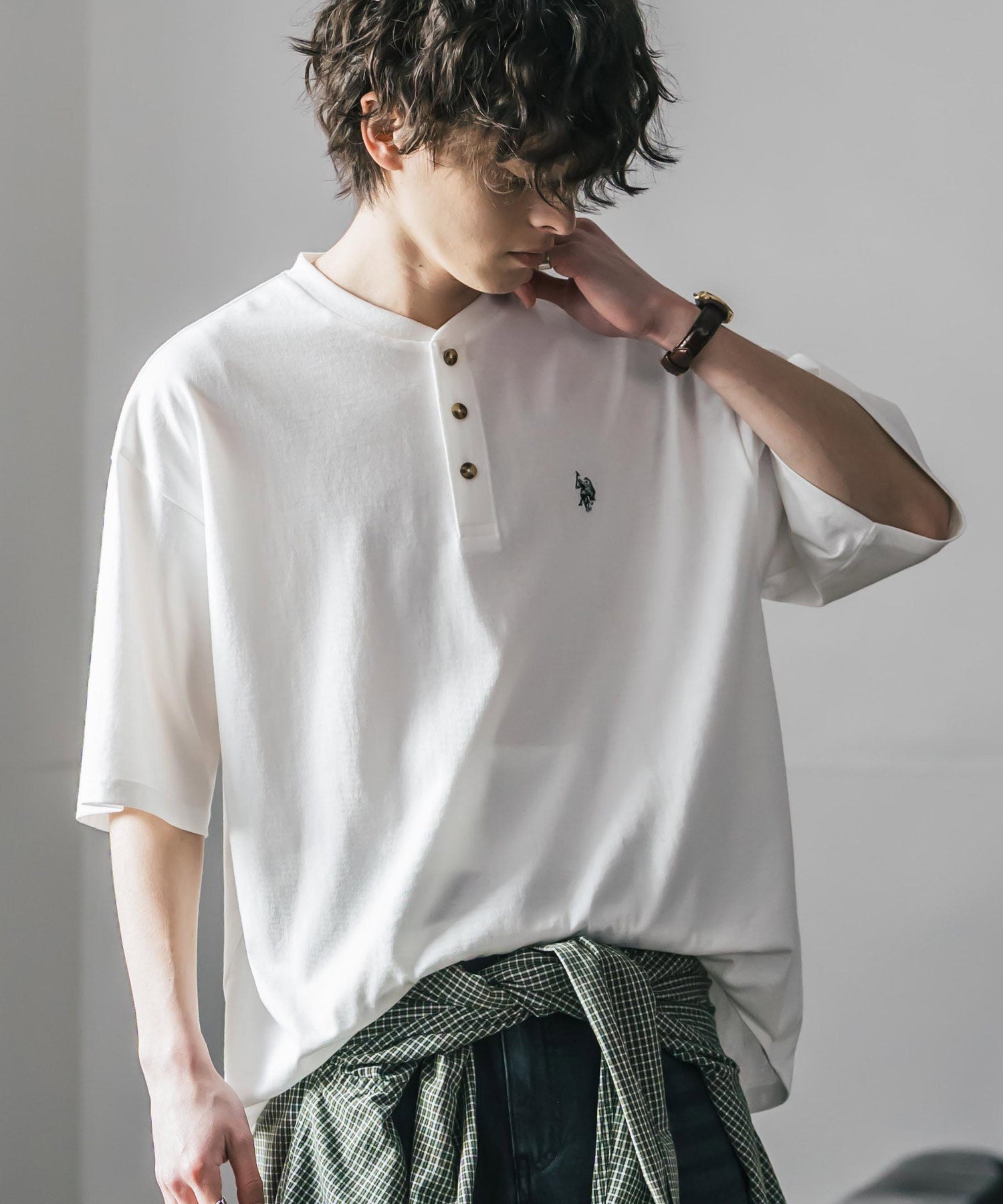 U.S. POLO ASSN. ユーエスポロアッスン 別注コラボワンポイントロゴ刺繍天竺ヘンリーネック半袖Tシャツ 15427