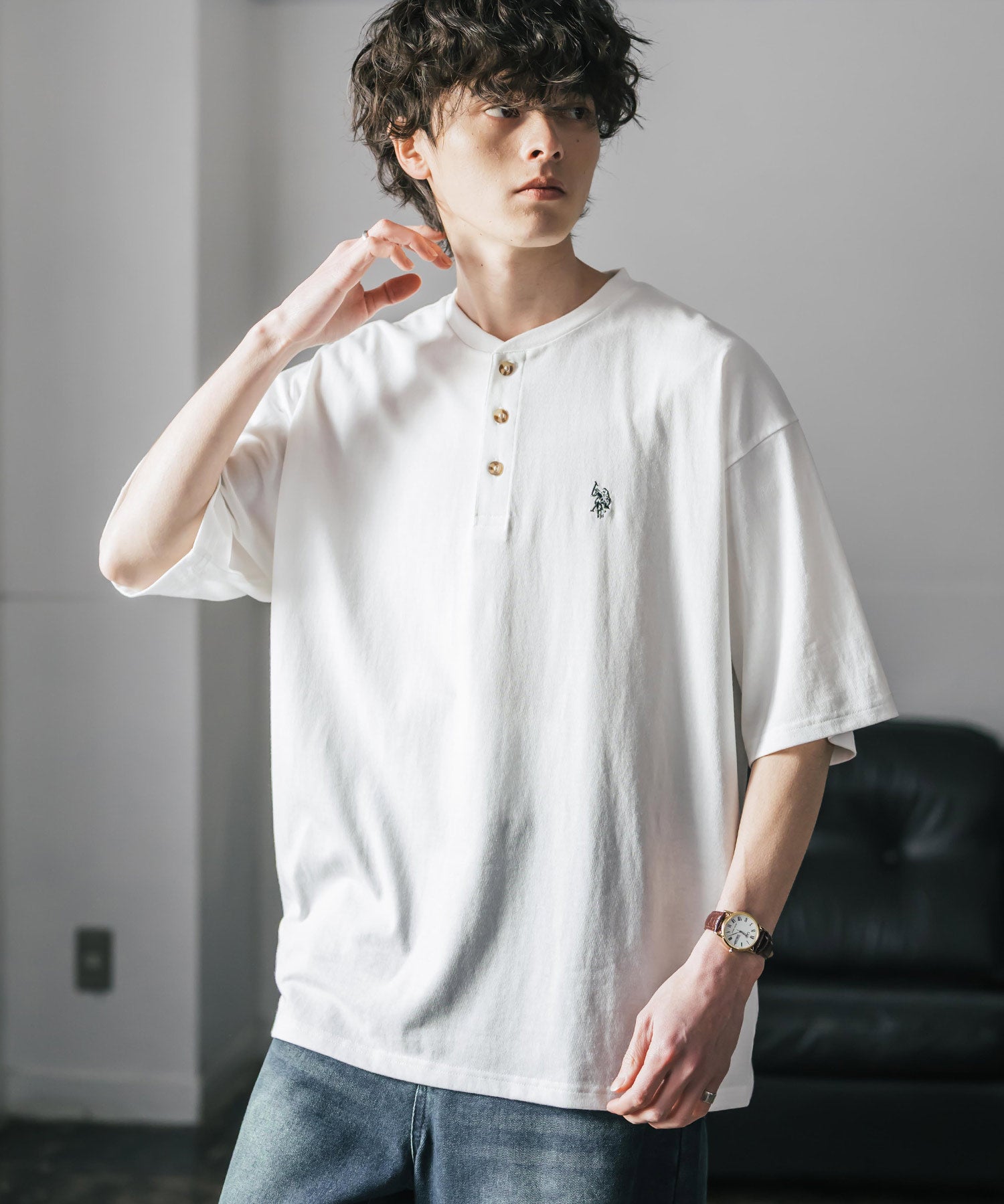 U.S. POLO ASSN. ユーエスポロアッスン 別注コラボワンポイントロゴ刺繍天竺ヘンリーネック半袖Tシャツ 15427