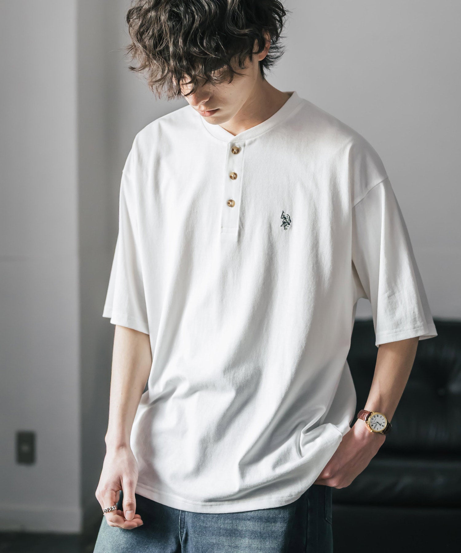 U.S. POLO ASSN. ユーエスポロアッスン 別注コラボワンポイントロゴ刺繍天竺ヘンリーネック半袖Tシャツ 15427