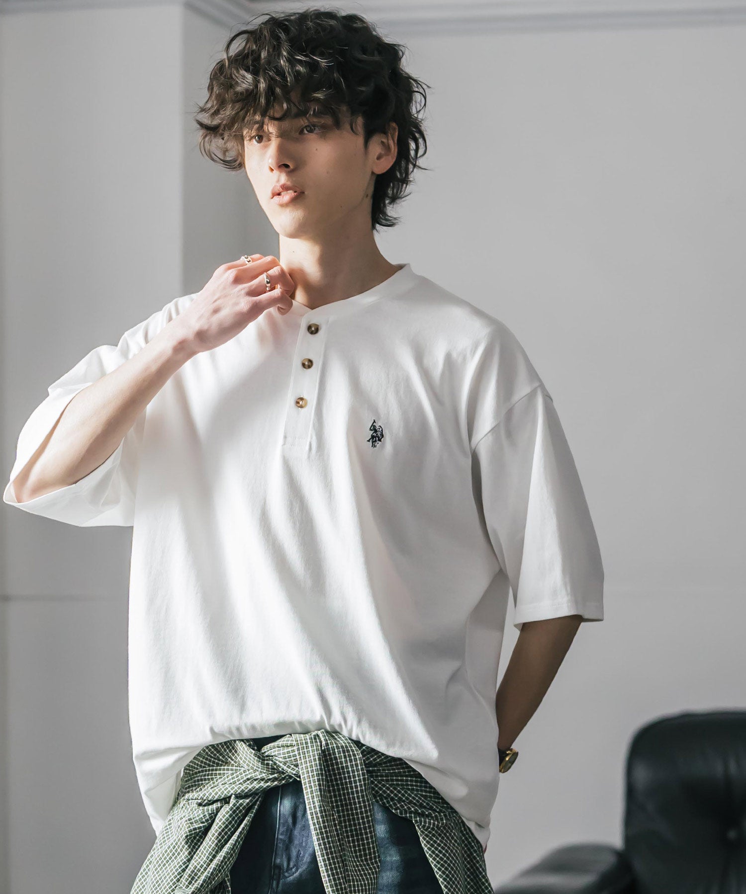 U.S. POLO ASSN. ユーエスポロアッスン 別注コラボワンポイントロゴ刺繍天竺ヘンリーネック半袖Tシャツ 15427