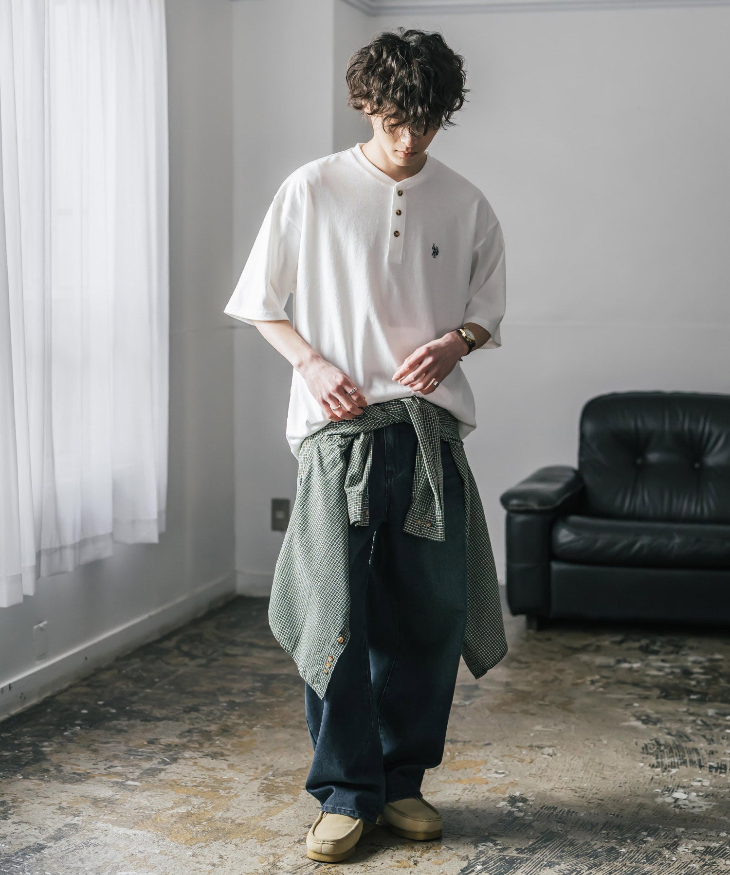 U.S. POLO ASSN. ユーエスポロアッスン 別注コラボワンポイントロゴ刺繍天竺ヘンリーネック半袖Tシャツ 15427