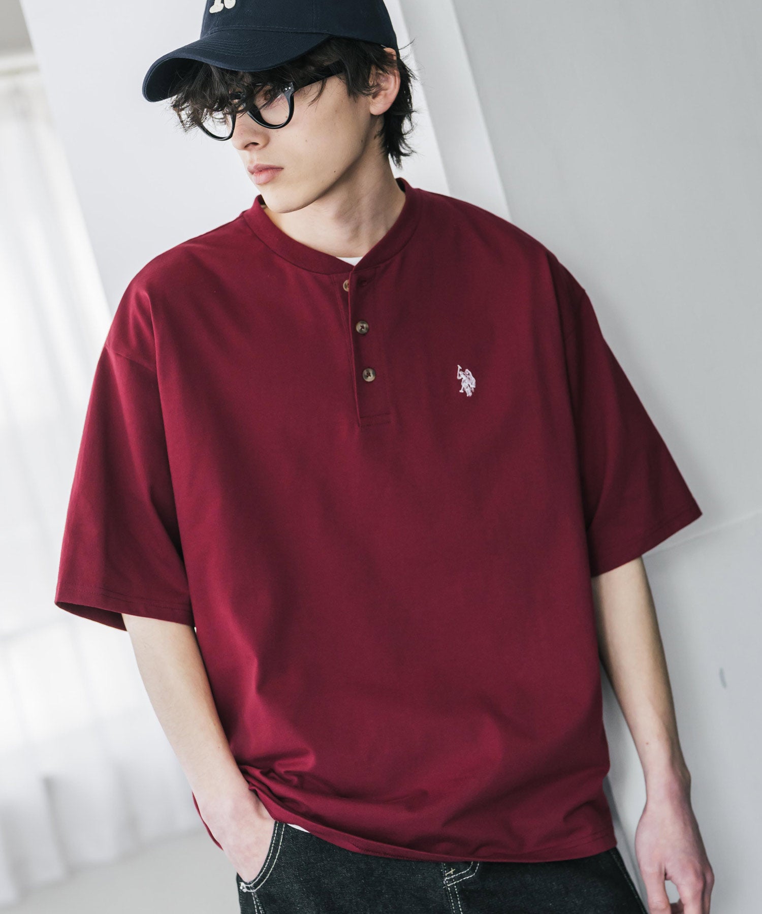 U.S. POLO ASSN. ユーエスポロアッスン 別注コラボワンポイントロゴ刺繍天竺ヘンリーネック半袖Tシャツ 15427